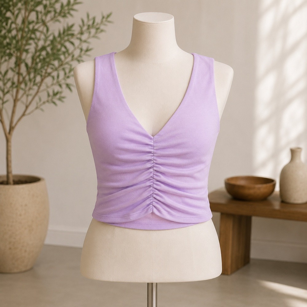Naked Wardrobe Ruched V-Neck Crop Top Womens Small Purple Sleeveless Ribbed 1284